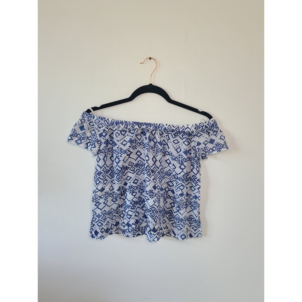Cloth & Stone Charleston Off the Sholder Top Blue White Boho Size S Lightweight - Picture 2 of 7